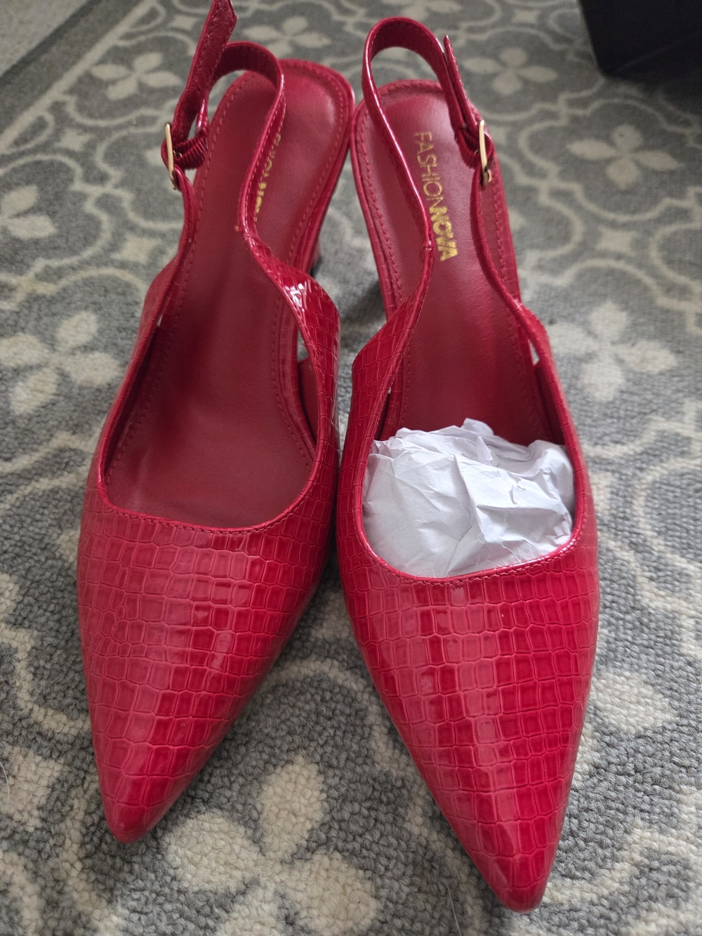 Fashion Nova Red Croc-Embossed Slingback Pointed Pumps